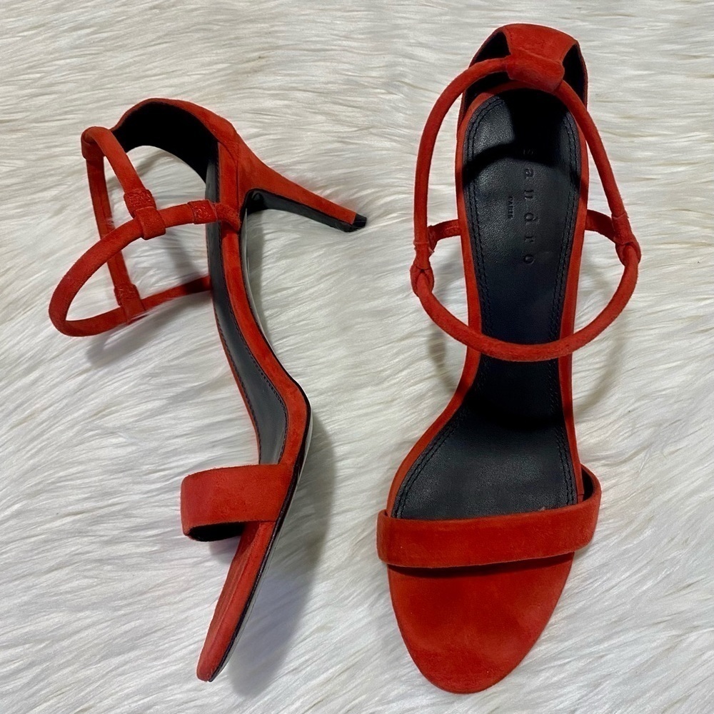 Sandro‎ Amel Suede Mid-Heel Strappy Sandal in Red 39 - Picture 5 of 10